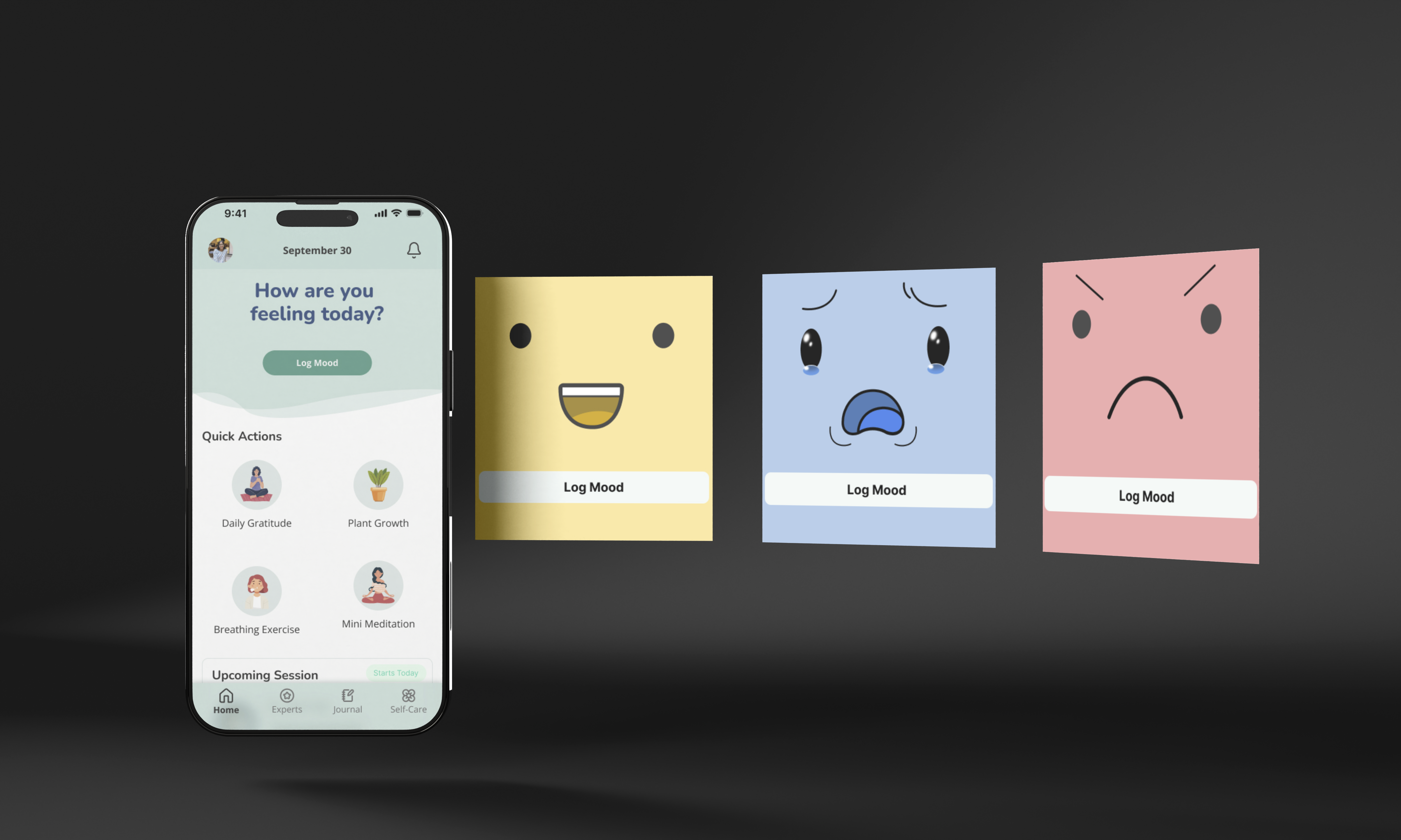 Bloom app home screen with mood-log cards showing happy, sad, and angry moods